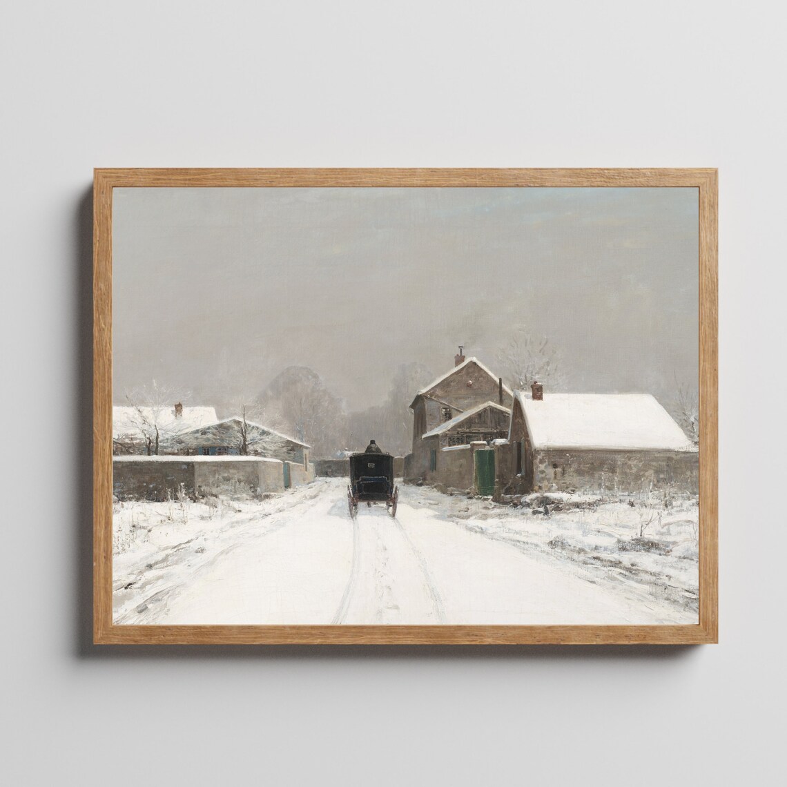 Horse-Drawn Carriage on a Snowy Village Road Quiet Winter Poster - Image 2