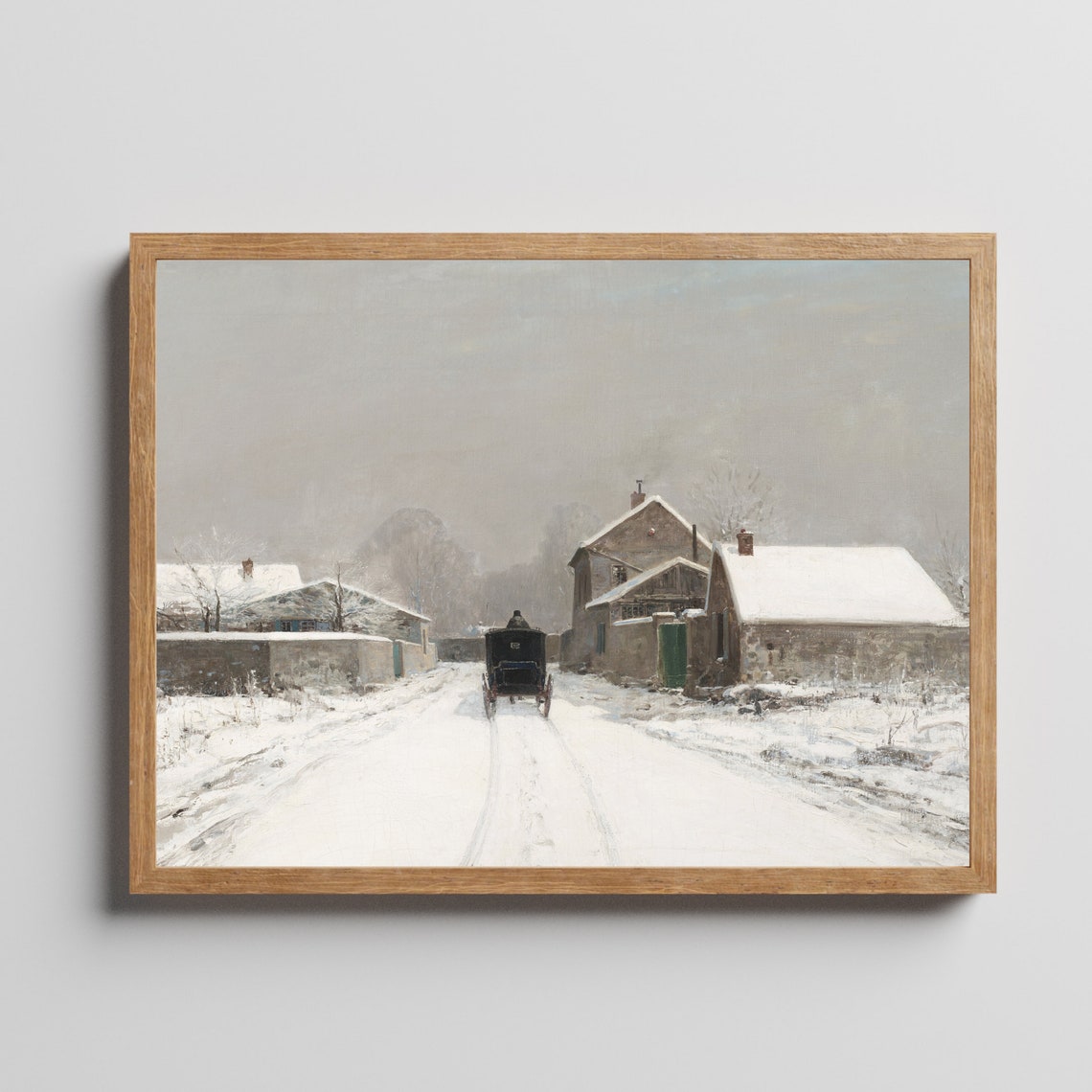 Winter Snowy Landscape Vintage Wall Art Antique Painting Christmas Decor Moody Rustic Print Horizontal Wall Art - Image 2