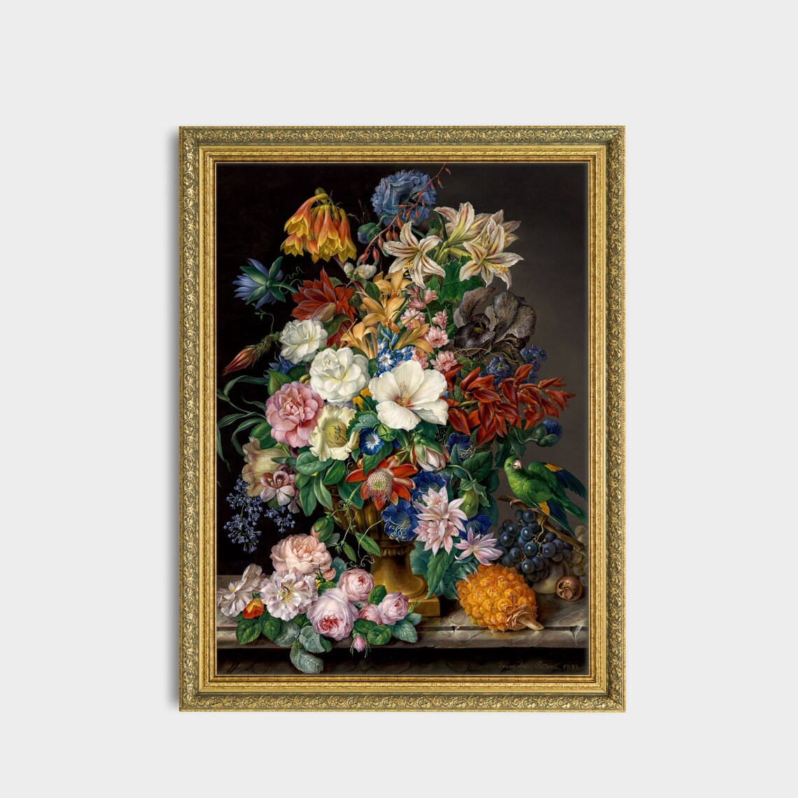Elaborate Bouquet With a Green Parrot Dutch Floral Still Life Poster - Image 3