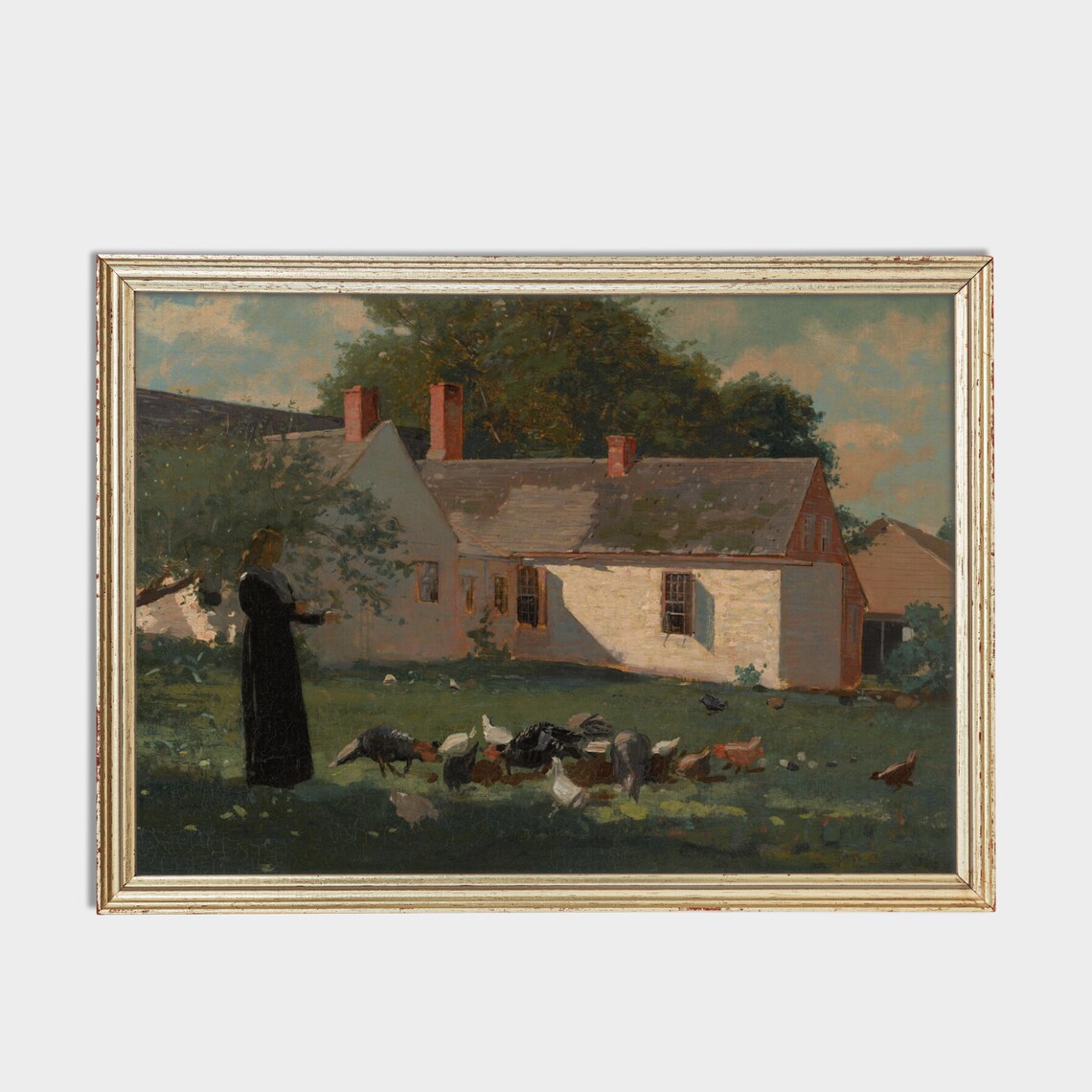 Antique Farmyard Scene with Woman Feeding Chickens Oil Painting Poster - Image 2