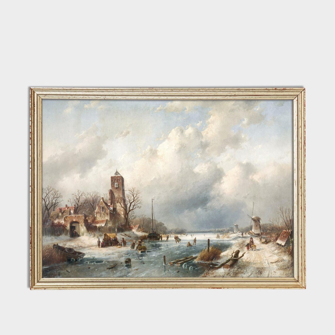 Dutch Church Windmills Frozen Canal Vintage Winter Art Poster - Image 3