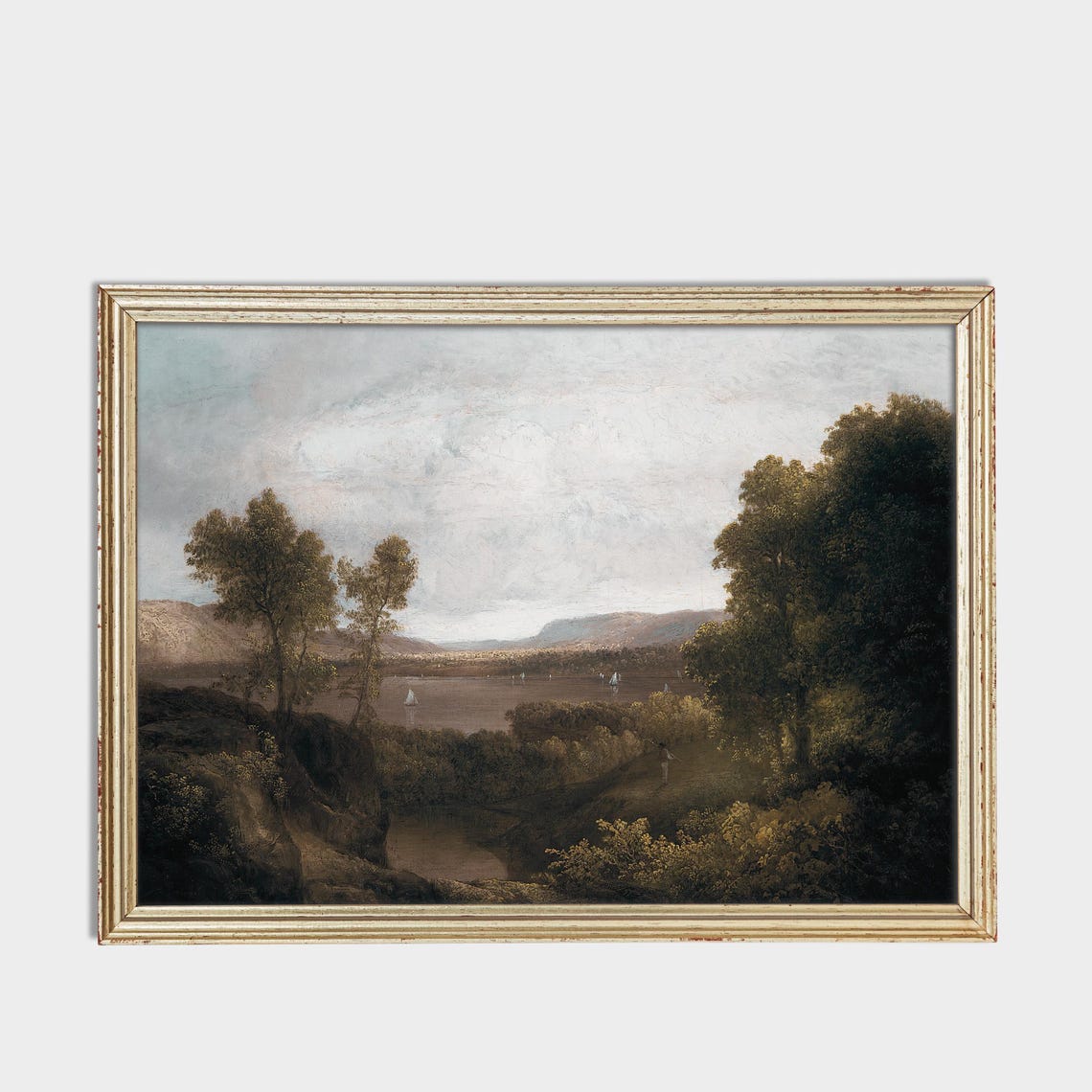 Wide River Valley with Distant Sailboats Antique Landscape Poster - Image 3