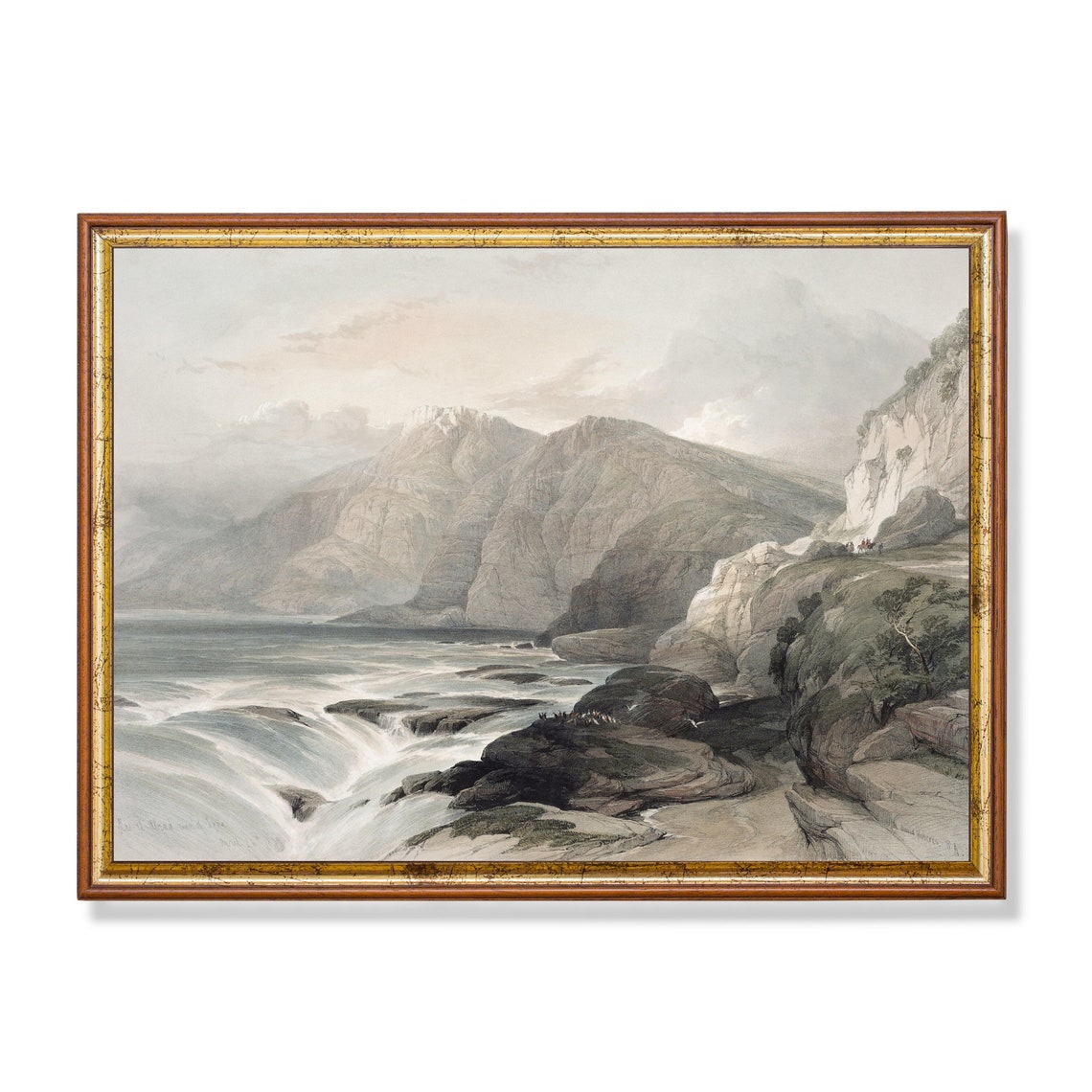 Misty Coastal Cliffs River Mouth Antique Engraved Landscape Poster