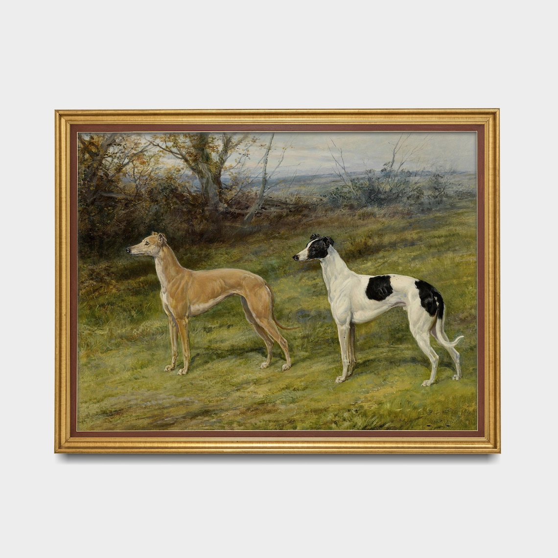 Vintage Painting of Two Greyhound Dogs in a Countryside Field Poster - Image 2