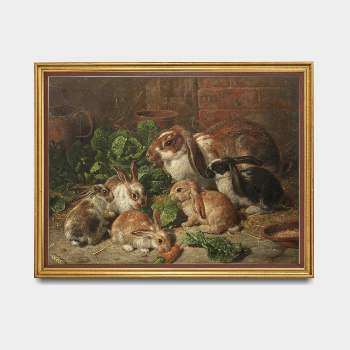 Mailed Print Vintage Rabbit Painting Antique Bunnies Print Rustic Animal Oil Painting Family Of Rabbits Print And Ship Fine Art - Image 3