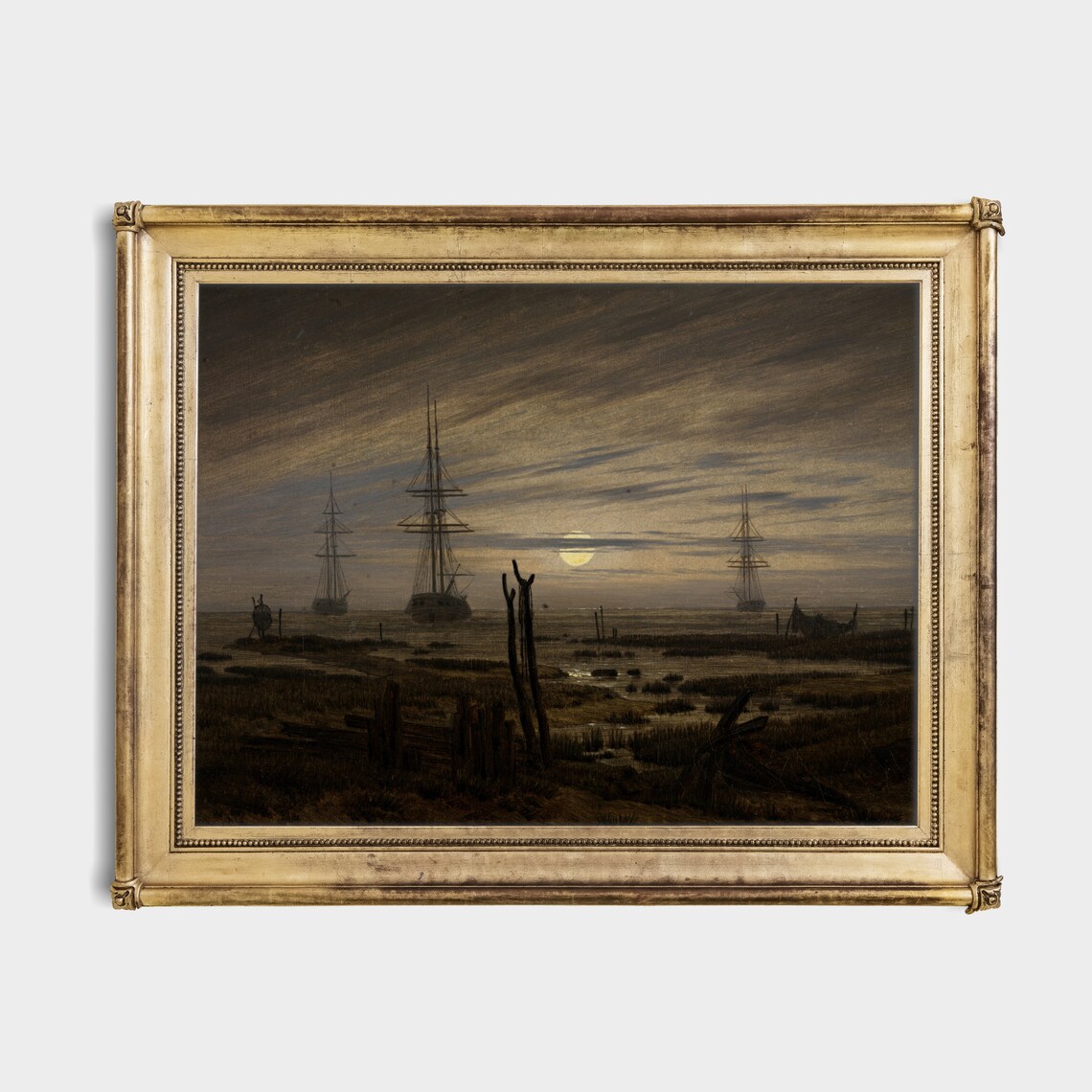 Golden Moonrise Over Tall Ships in a Misty Harbor Vintage Poster - Image 2