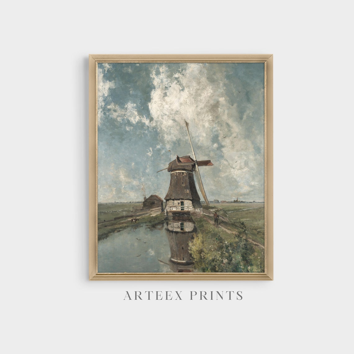 Old Dutch Windmill Reflected in a Still Canal Antique Landscape Poster - Image 5