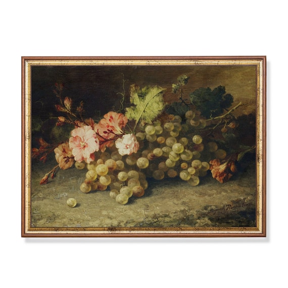 Print And Ship Vintage Still Life With Grapes Antique Fruits Print Farmhouse Decor Rustic Art Mailed Print Kitchen Wall Art
