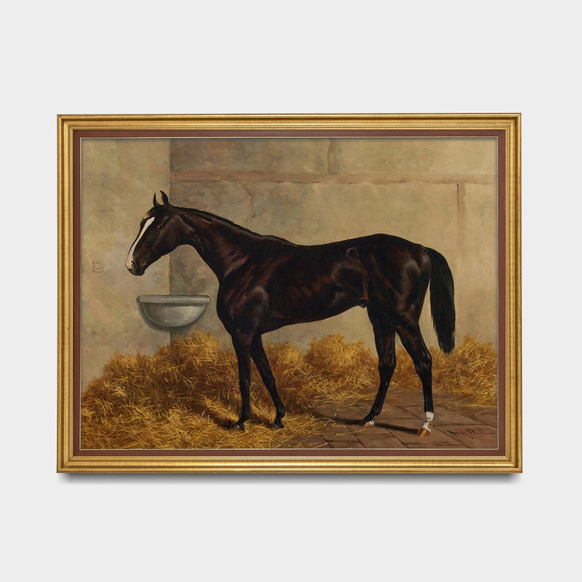 Dark Horse with White Blaze in Straw Stable Vintage Equestrian Poster - Image 3