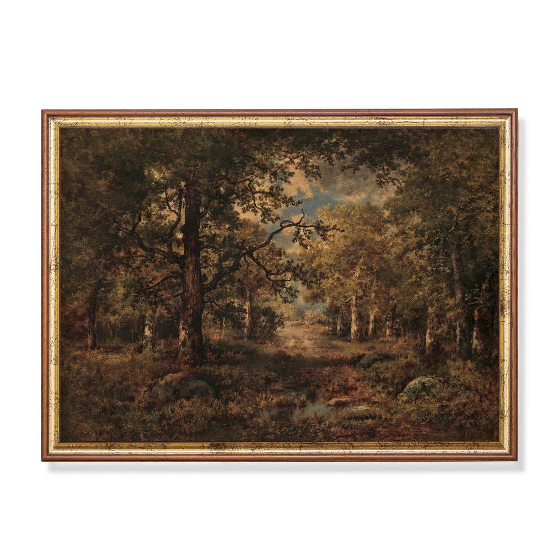 Sunlit Autumn Forest Interior with Tall Oaks Vintage Woodland Poster