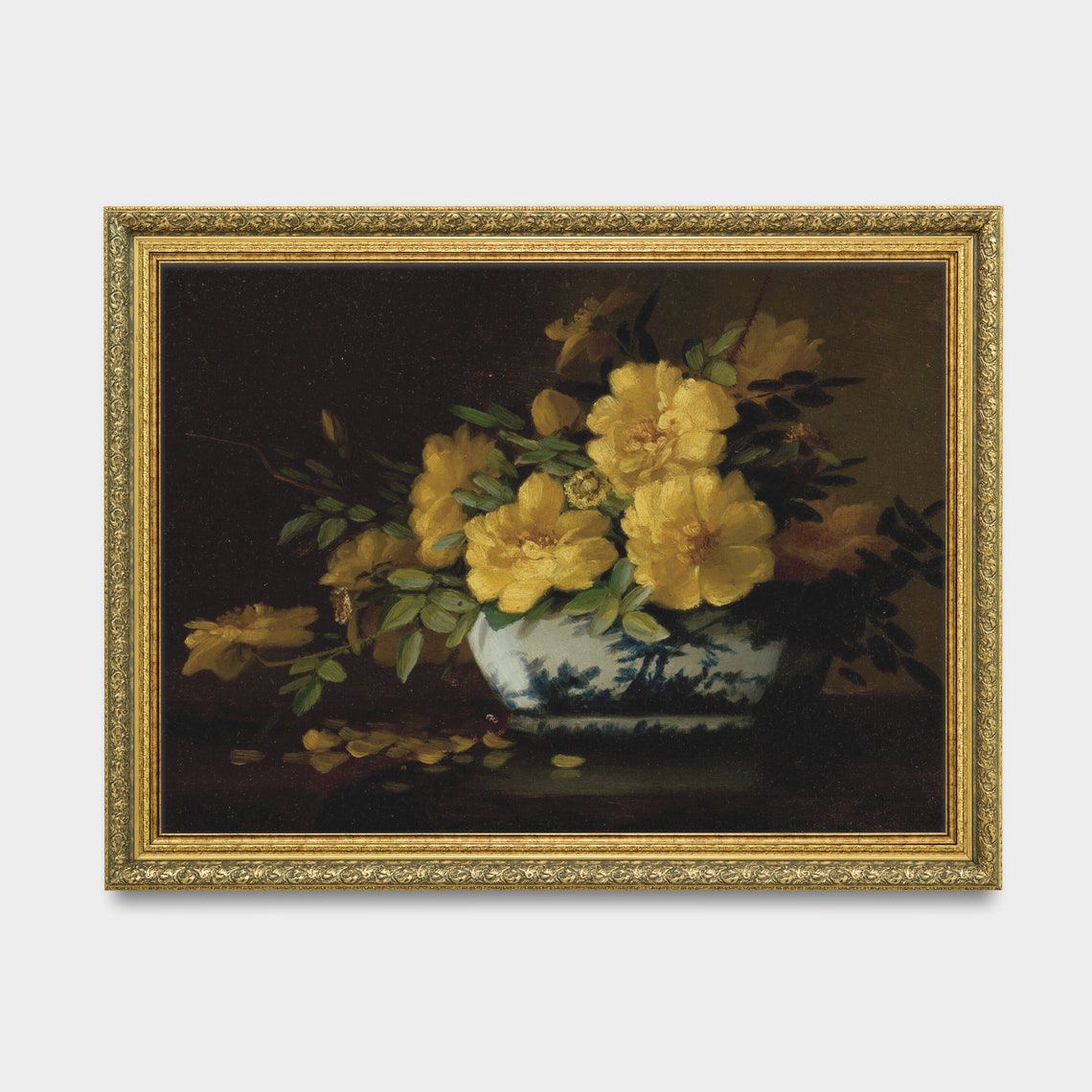 Dark Flower Vintage Painting Vintage Roses Painting Yellow Roses In Vase Art Moody French Wall Decor - Image 3