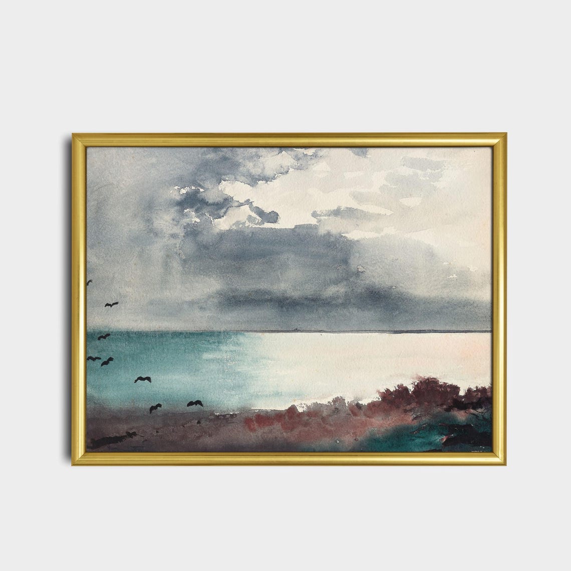 Teal Watercolor Seascape With Wheeling Birds and Clearing Sky Poster - Image 2