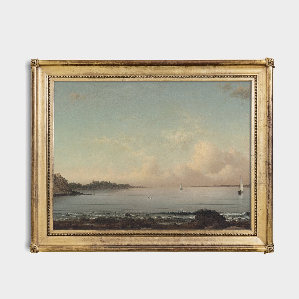 Calm Rocky Coast Seascape With Distant Sailboats Vintage Poster - Image 3