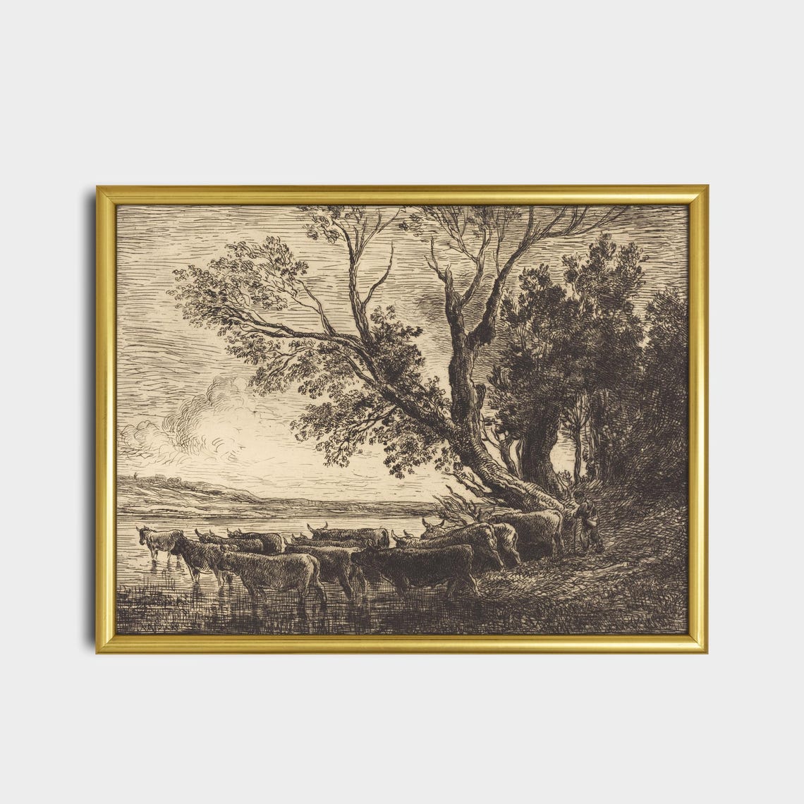 Cattle Watering by a River Etching with Leaning Trees Poster - Image 2