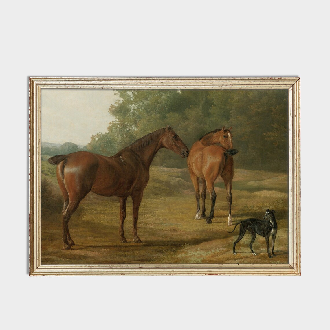 Two Bay Horses with a Black Greyhound in a Pasture Equestrian Poster - Image 2
