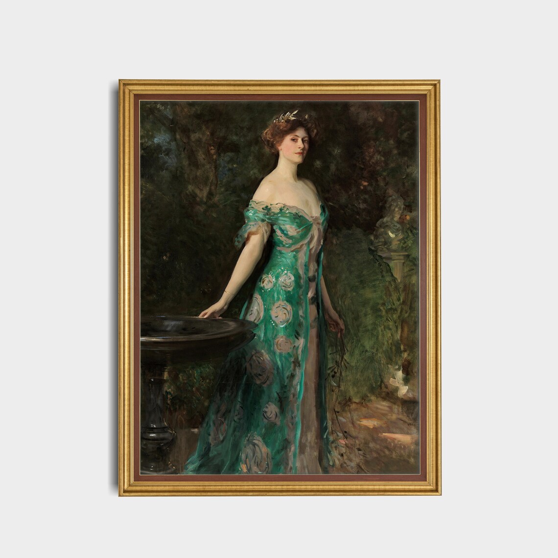 Lady in an Emerald Green Gown by a Garden Fountain Vintage Portrait Poster - Image 3