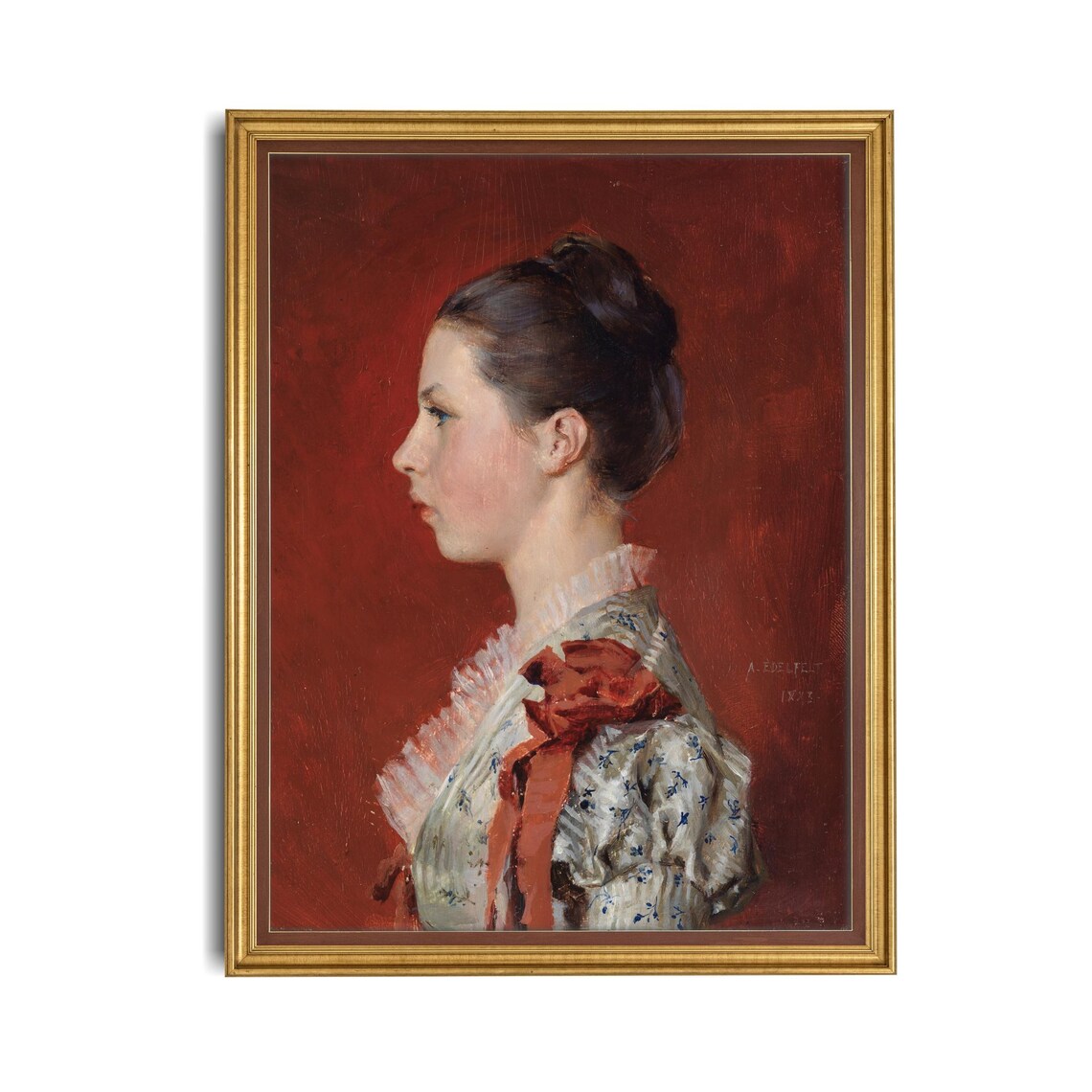 Elegant Victorian Woman Profile Portrait On Red Background Oil Poster - Image 4