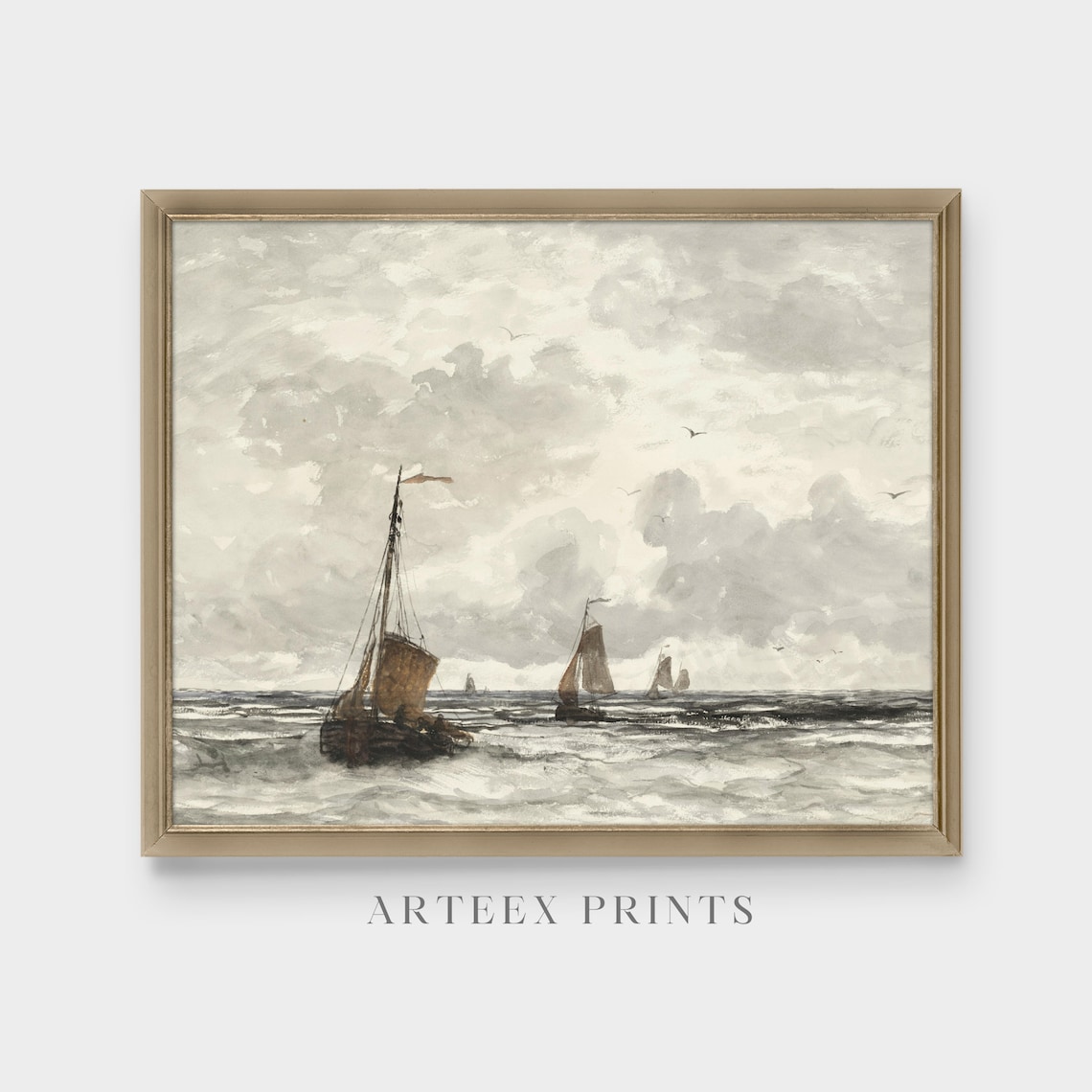 Fishing Boats on a Stormy Gray Sea Vintage Nautical Painting Poster - Image 4
