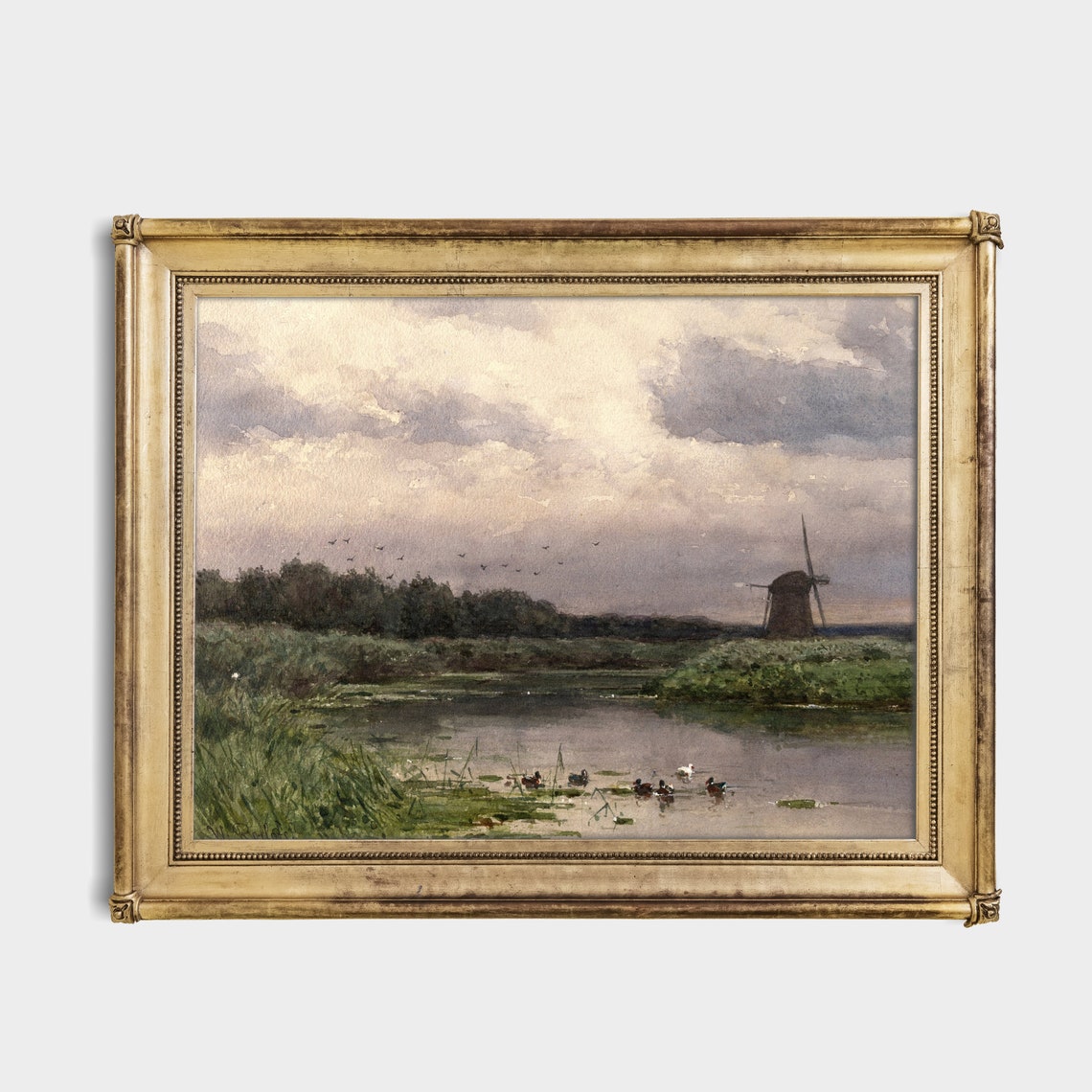 Dutch Marsh Landscape with Windmill and Ducks Watercolor Poster - Image 2
