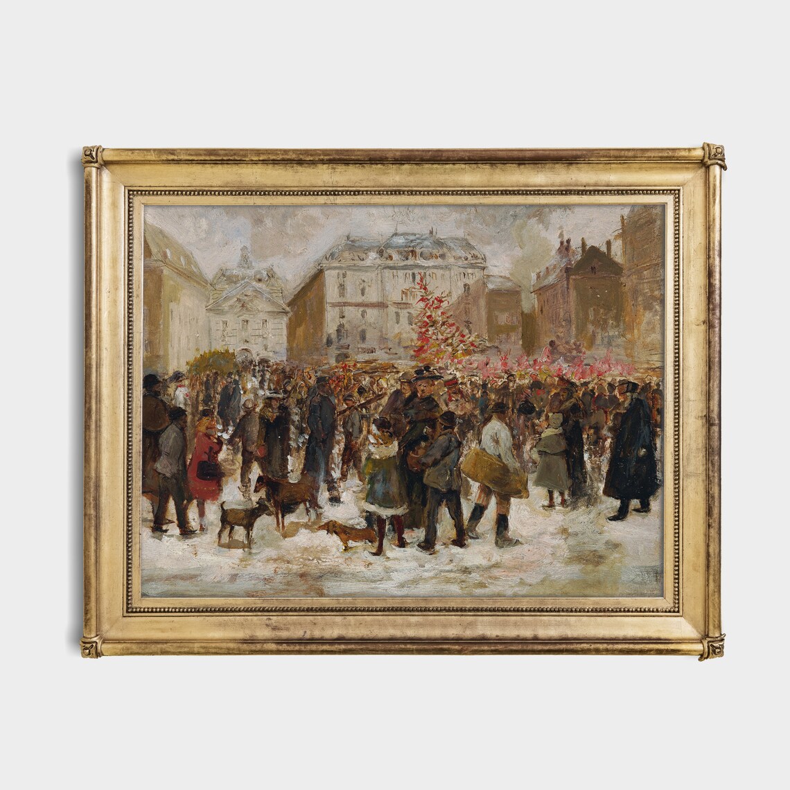 Christmas Market Crowd in a Snowy City Square Vintage Art Poster - Image 2