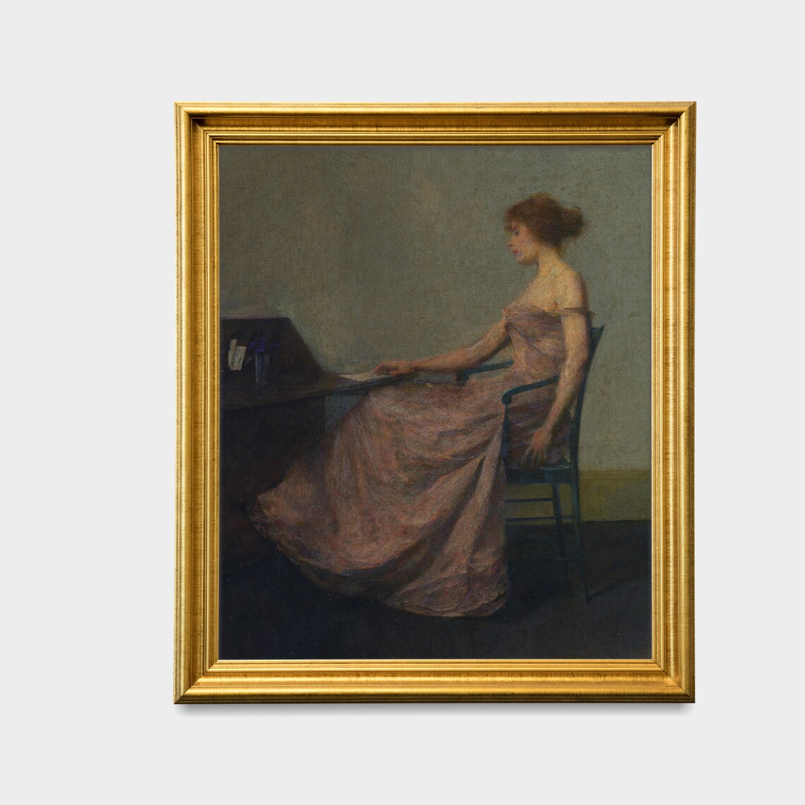 Woman in Pink Gown Seated at a Dark Desk Vintage Portrait Poster - Image 2