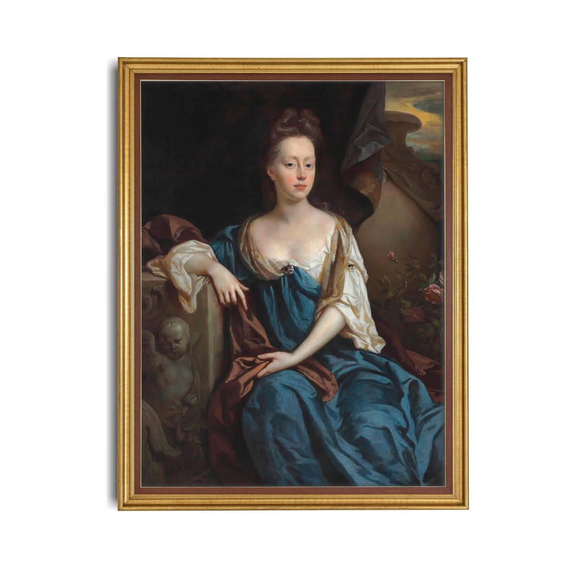 Baroque Lady in Teal Gown Cherub Statue Classic Portrait Poster - Image 4