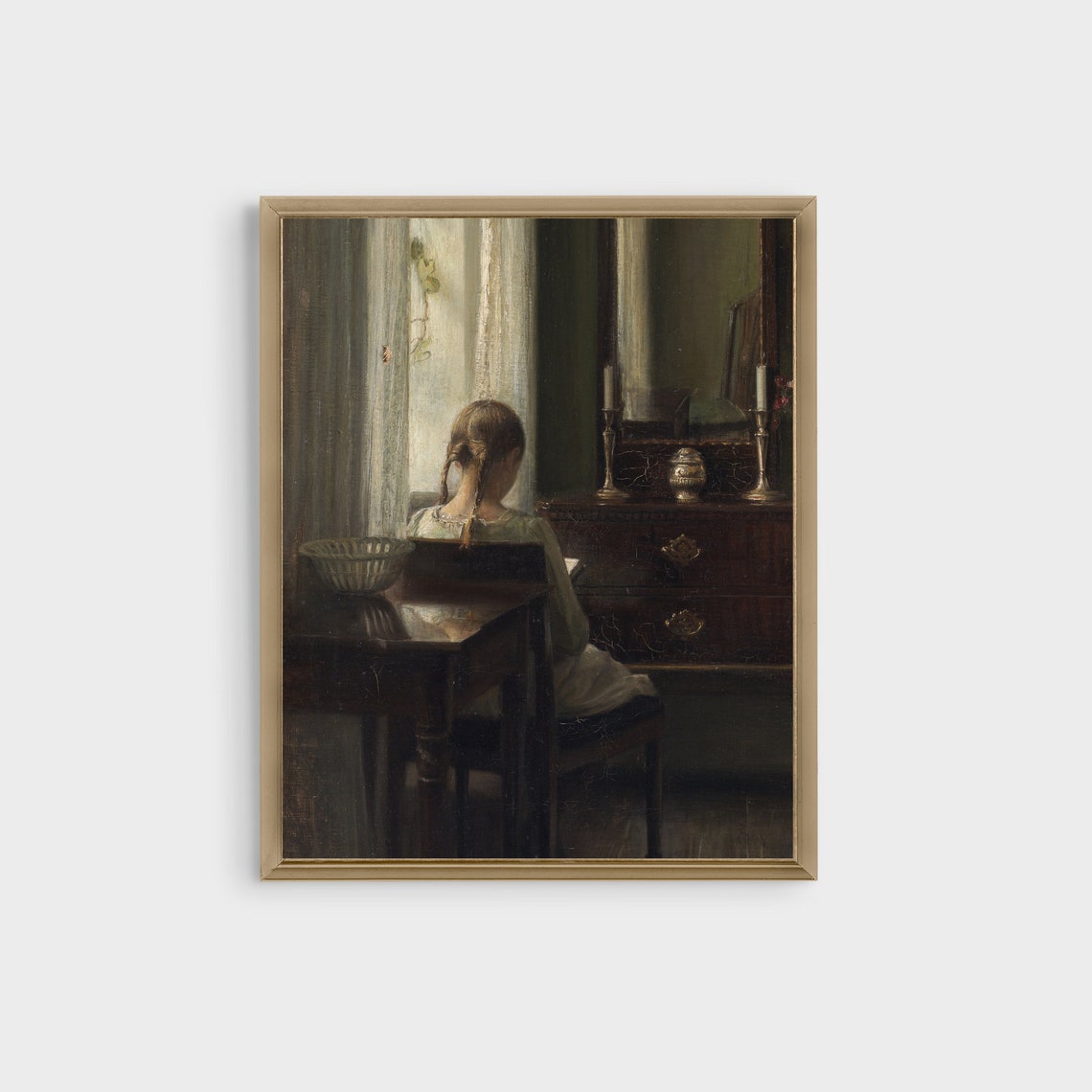 Young Girl Reading at a Table by a Quiet Window Vintage Poster - Image 3