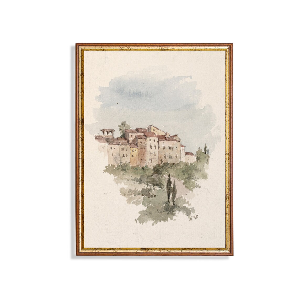 Italian Hilltop Town in Delicate Watercolor Art Painting Poster