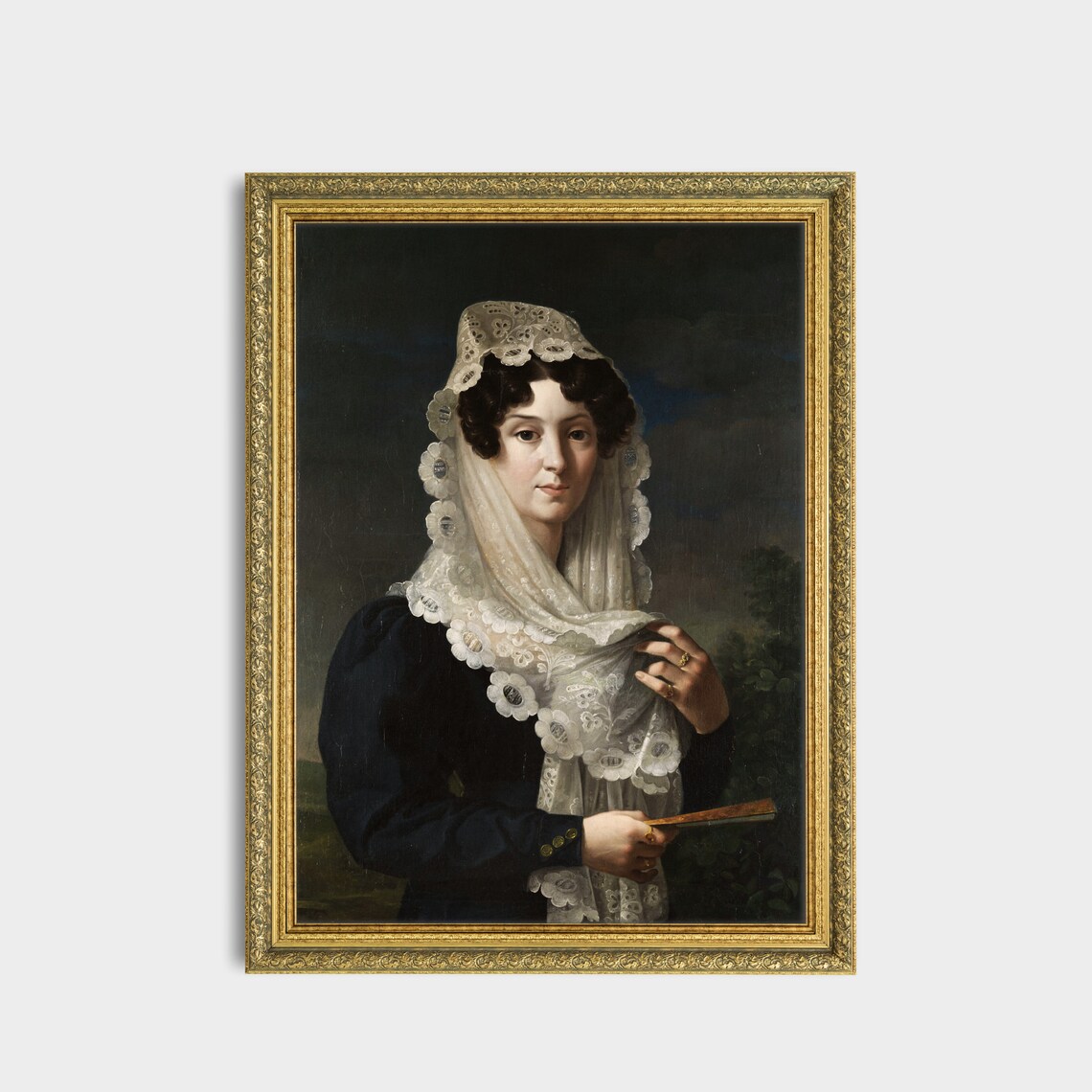 Woman in Lace Mantilla with Fan Vintage European Portrait Poster - Image 2