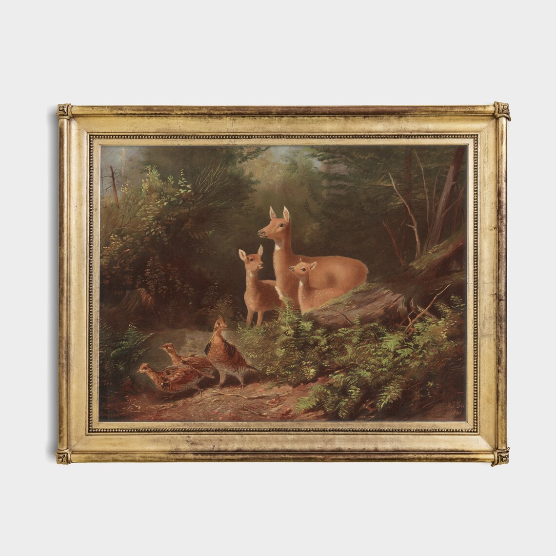 Doe with Fawns and Partridges in Woodland Vintage Wildlife Poster - Image 2
