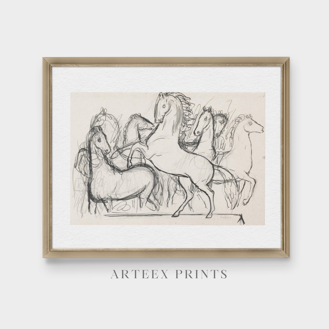 Rearing Stallion Herd Pencil Sketch Vintage Horse Study Poster - Image 4