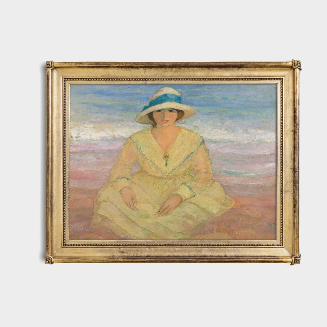 Woman White Sunhat Yellow Dress Sitting Beach Impressionist Art Poster - Image 4