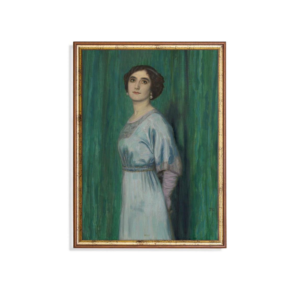 Elegant Woman In Pale Blue Dress Against Green Vintage Portrait Poster