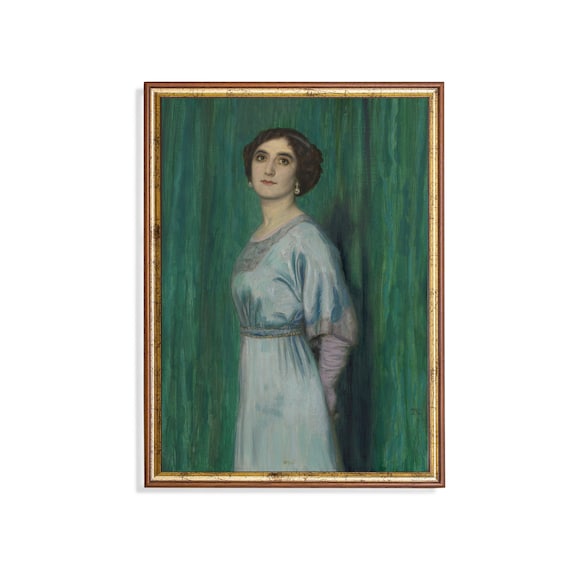Elegant Woman In Pale Blue Dress Against Green Vintage Portrait Poster