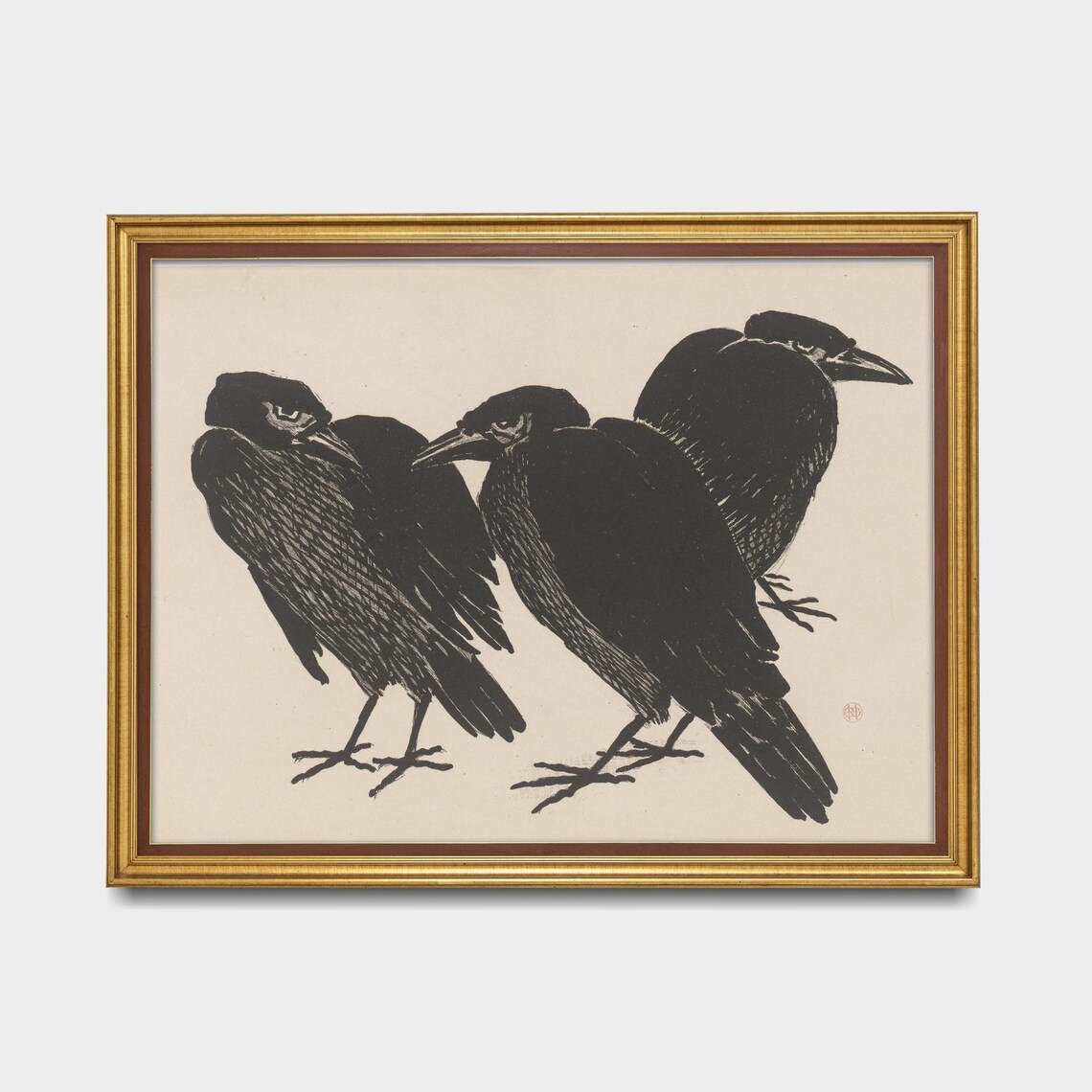 Three Crows Bold Japanese Ink Drawing Antique Bird Art Poster - Image 5