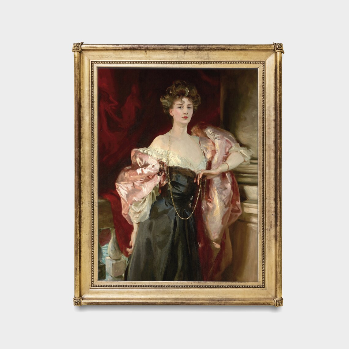 Elegant Woman In Black Dress With Pink Shawl And Pearls Portrait Poster - Image 4