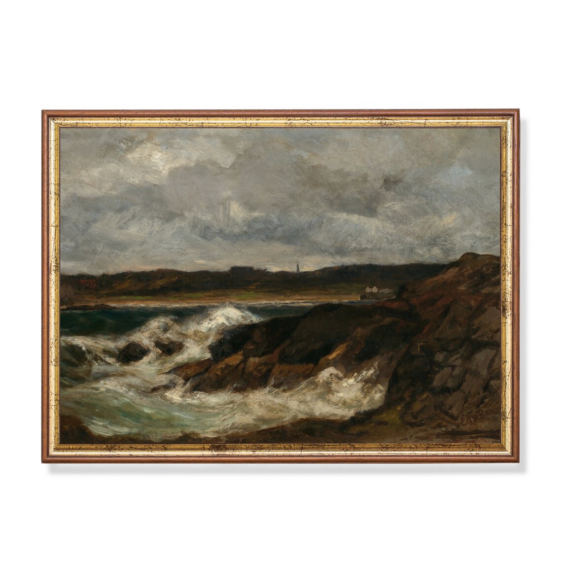 Storm Waves Crashing on Rocky Coast Moody Seascape Painting Poster
