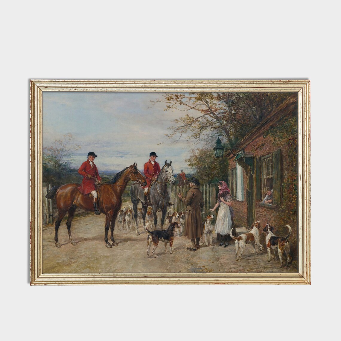 Fox Hunt Meet Inn Hounds Antique Equestrian Scene Oil Painting Poster - Image 2