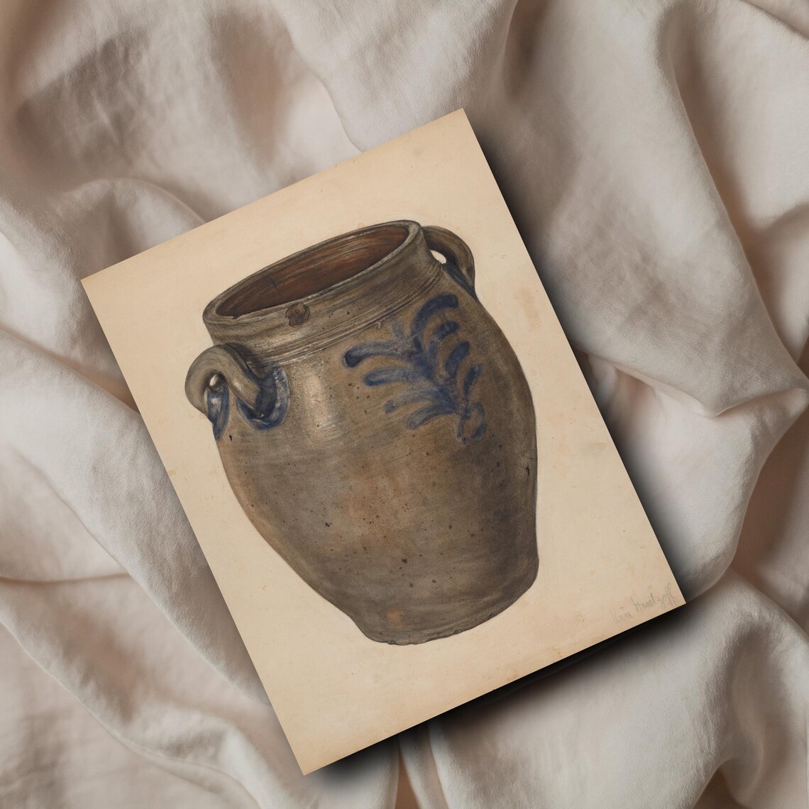 Antique Blue Decorated Stoneware Crock Folk Watercolor Art Poster - Image 4