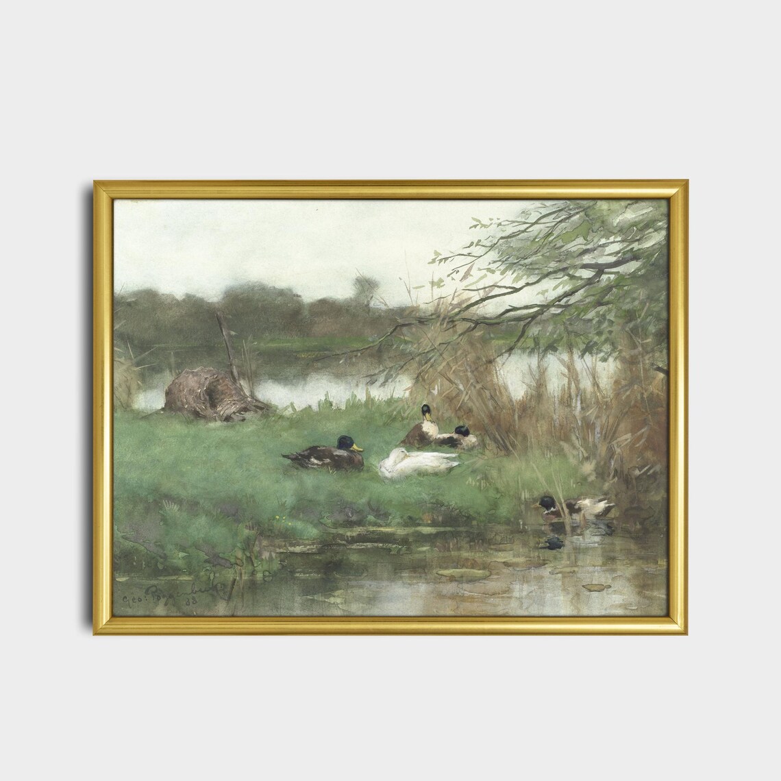 Mallard Ducks Resting Reedy Pond Bank Watercolor Bird Art Poster - Image 2