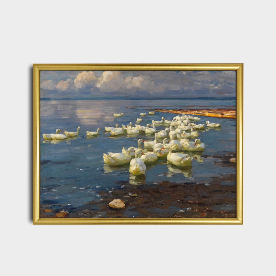 Flock of White Ducks on a Calm Lake at Dusk Vintage Art Poster - Image 2
