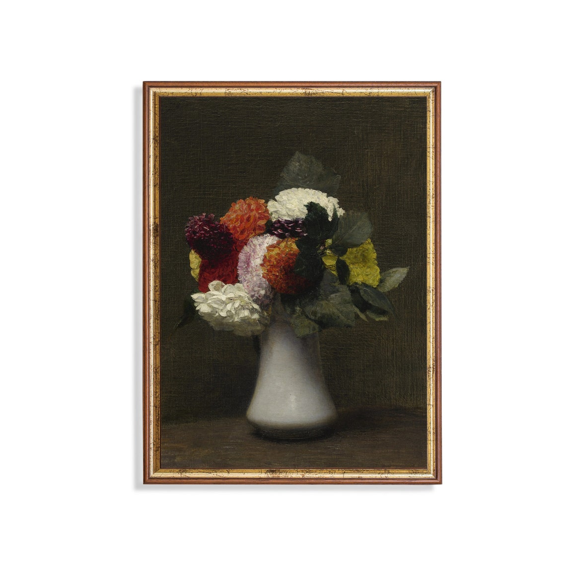 Dahlia Bouquet in White Vase Dark Background Vintage Floral Poster