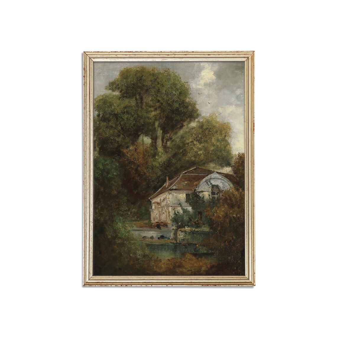 Antique Cottage Beside Pond Among Grand Trees Landscape Art Poster - Image 3