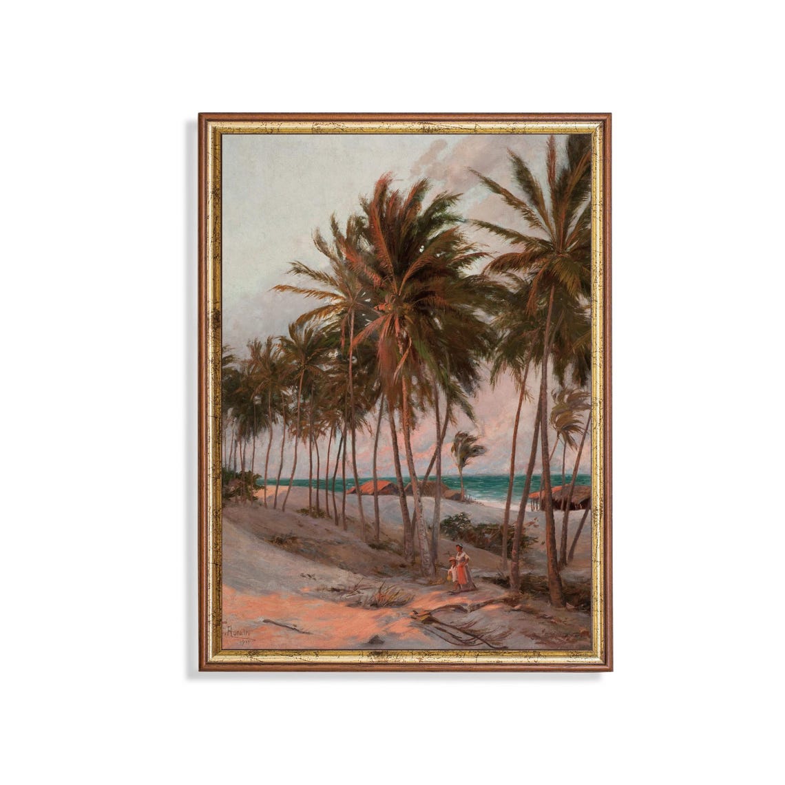 Tropical Palm Trees on Beach at Sunset Vintage Coastal Poster