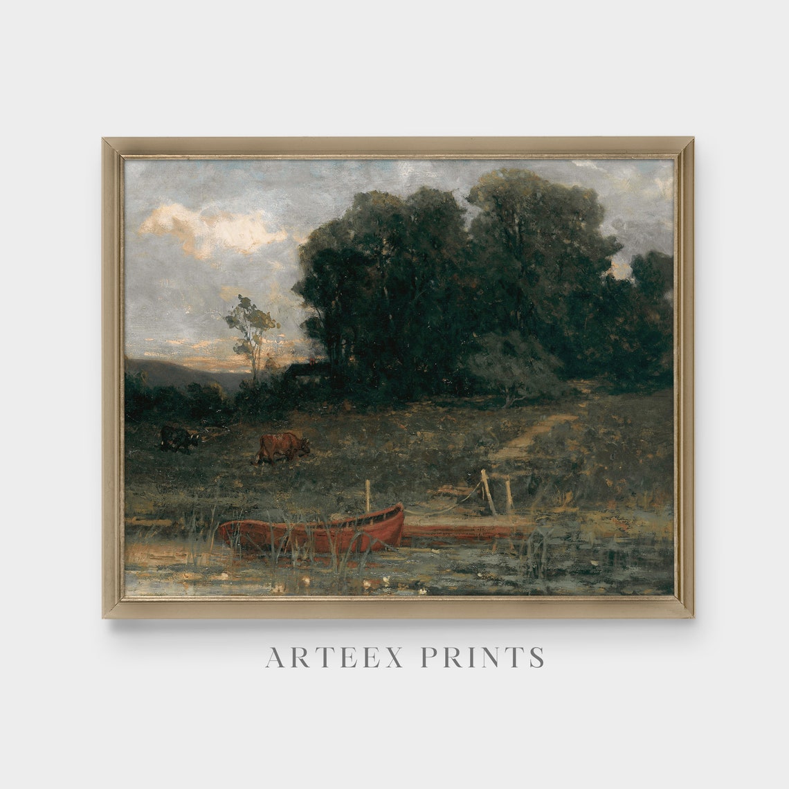 Red Boat on a Moody River with Grazing Cattle Antique Poster - Image 3
