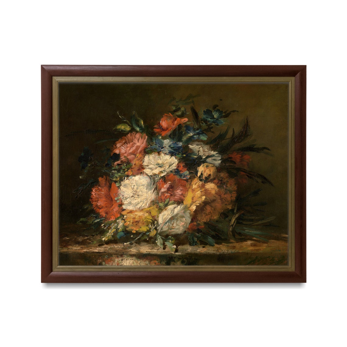 Moody Bouquet of Red and White Flowers on a Stone Ledge Wall Art - Image 3