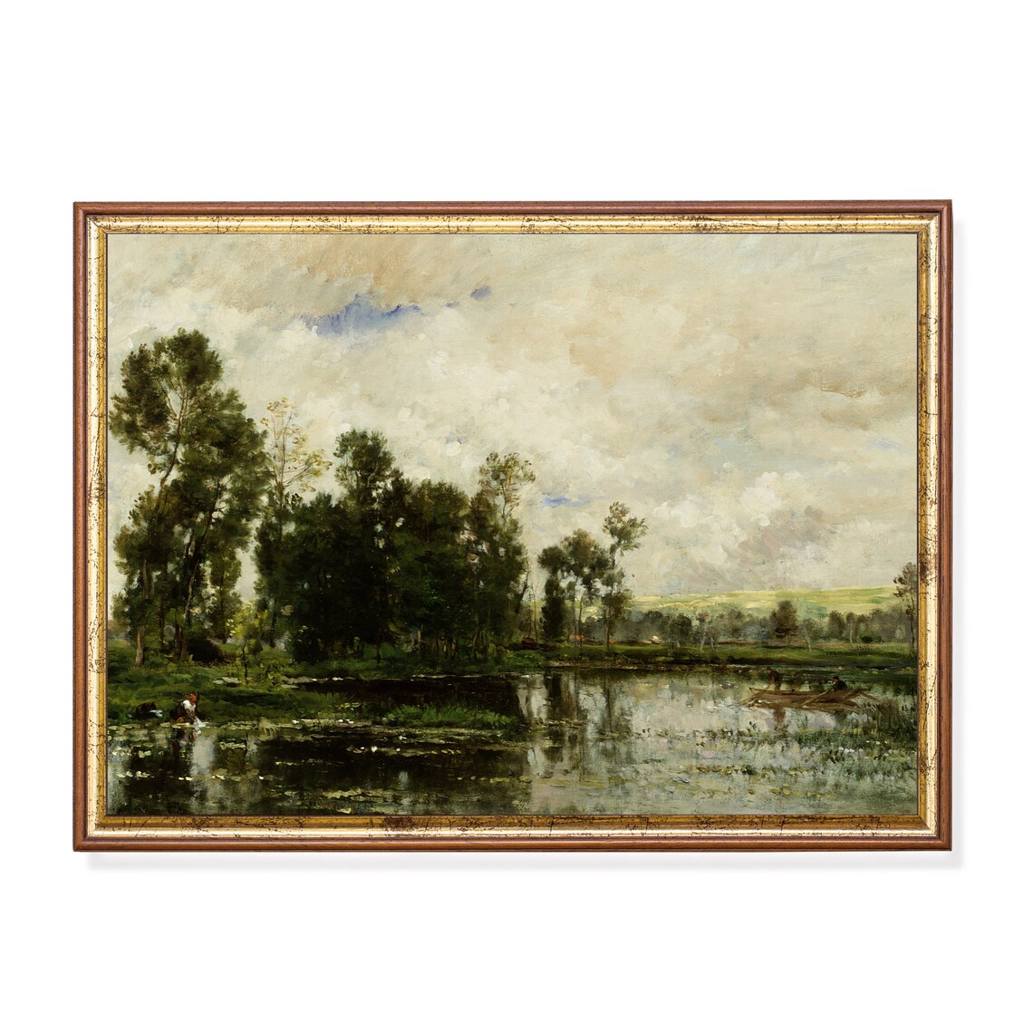 Barbizon Pond Landscape With Tall Trees and Boats Vintage Poster