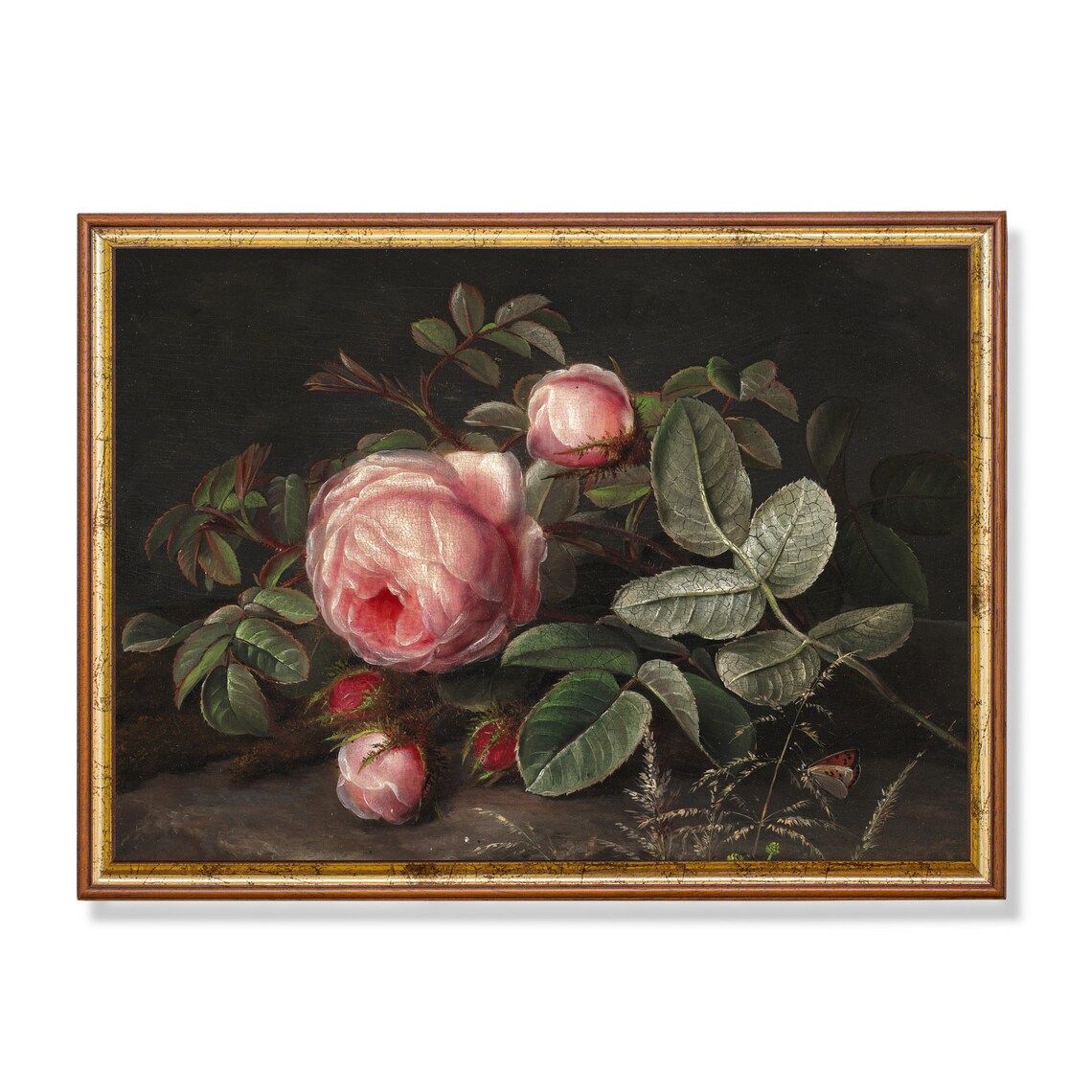 Pink Roses with Buds Dark Background Still Life Oil Painting Poster