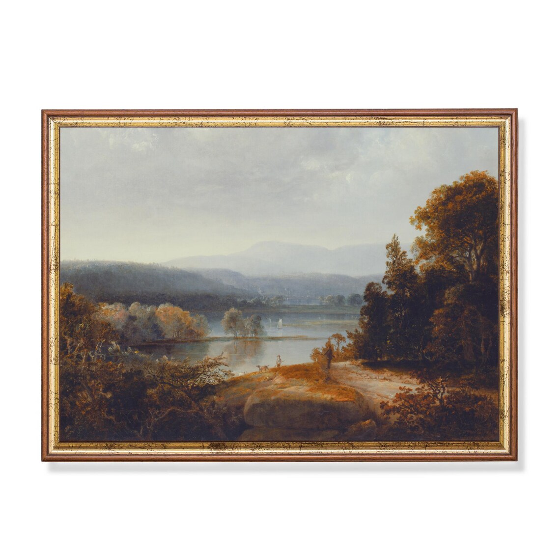 Autumn River Valley with a Figure on Rocky Shore Antique Poster