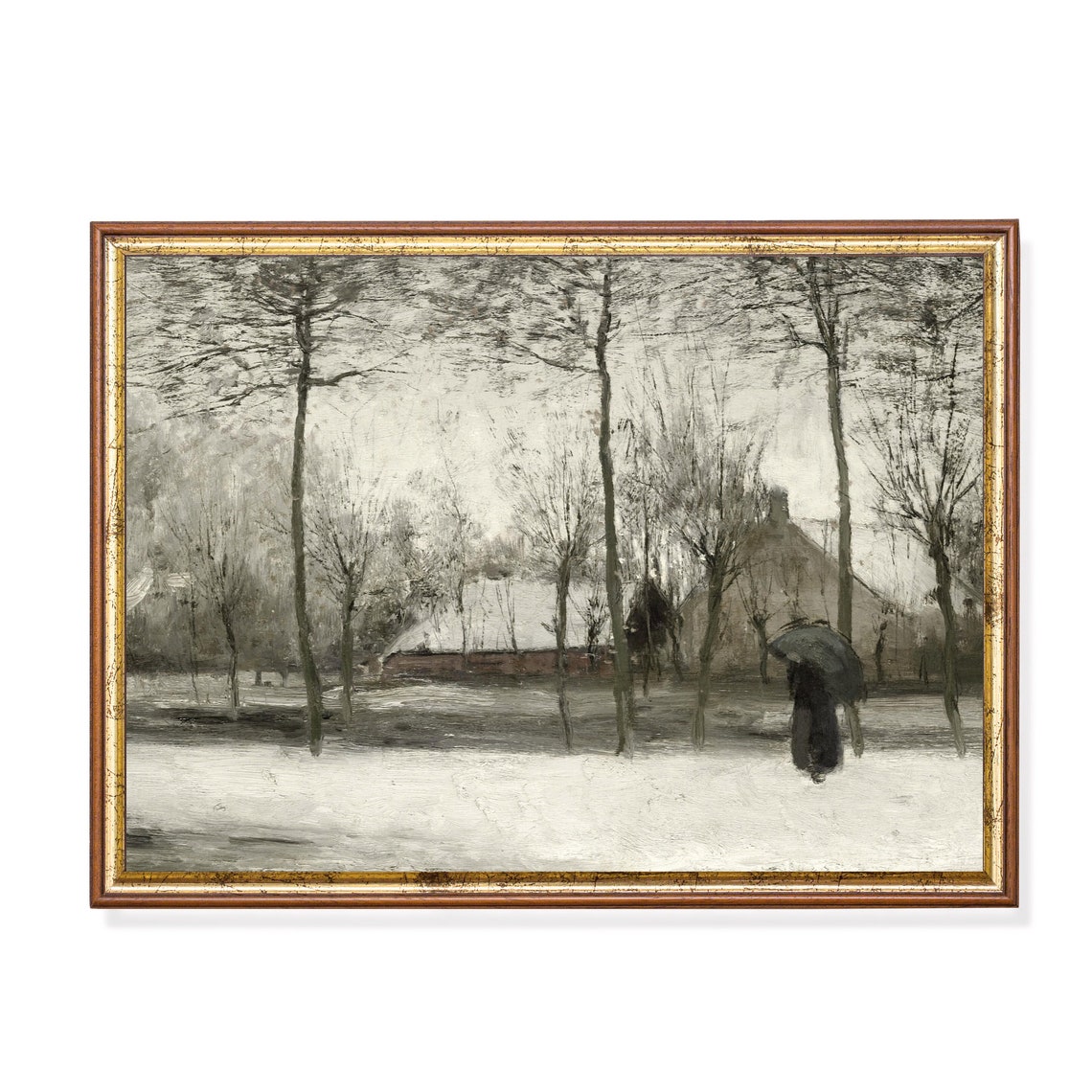 Lone Figure With Umbrella in a Quiet Gray Winter Snowfall Poster